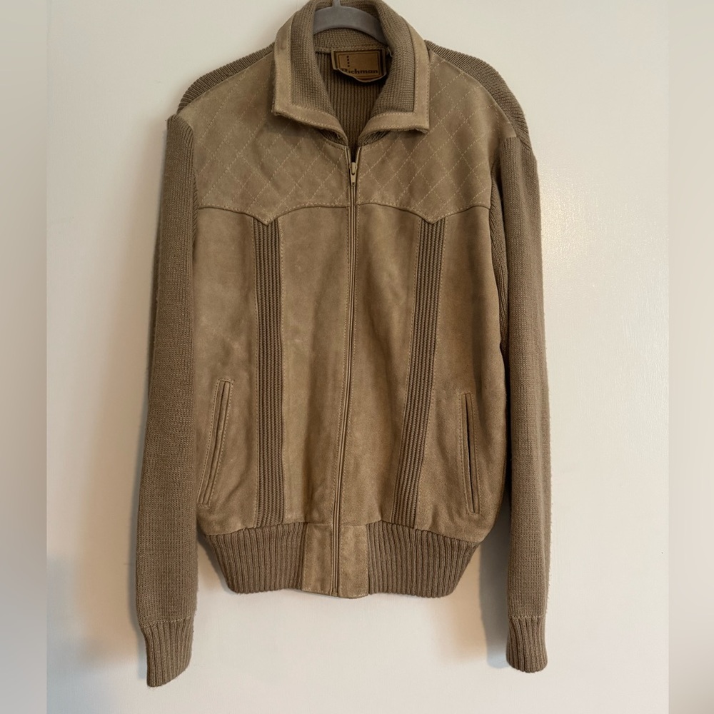 Richman Tan Suede and Knit Zip-Up Sweater